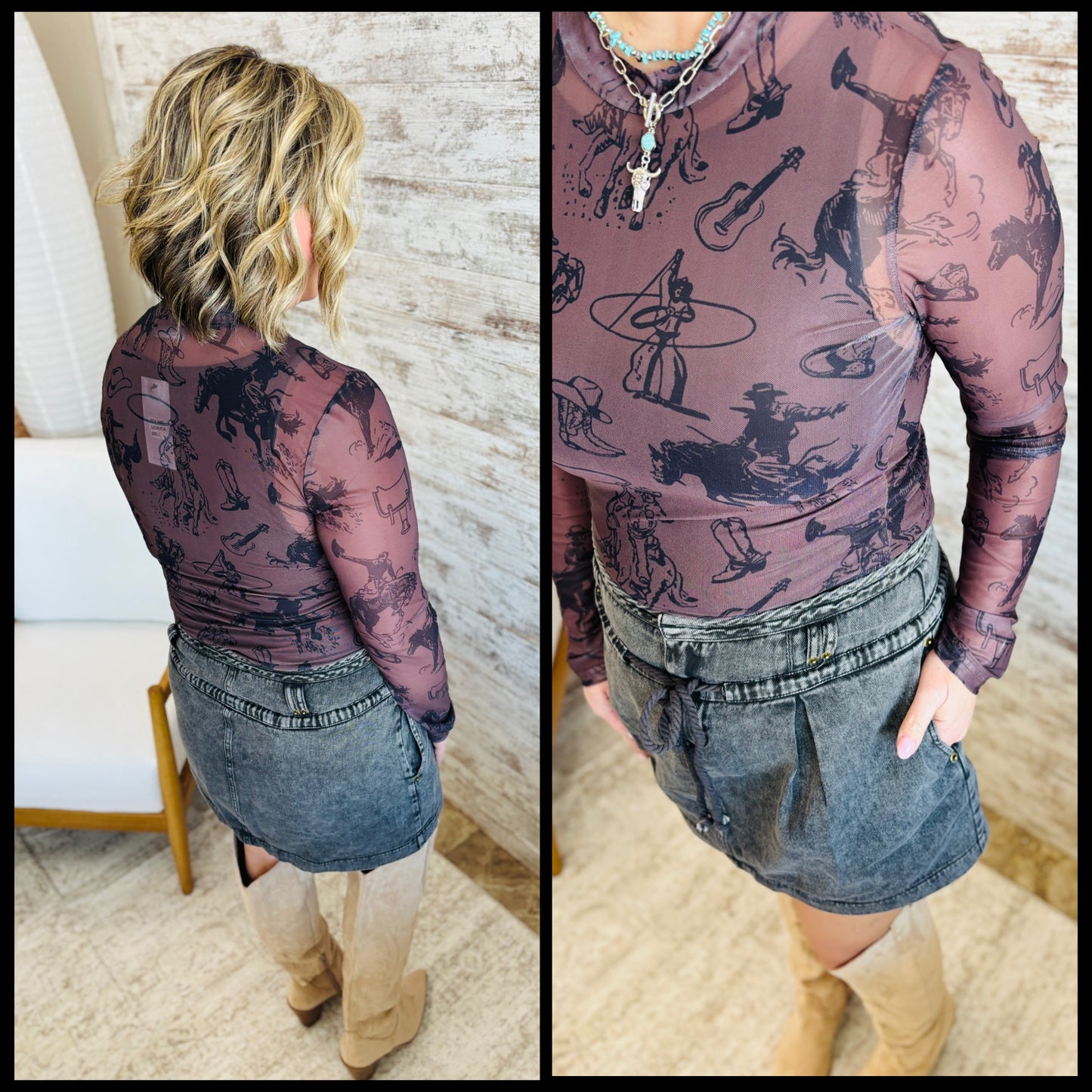 Brown Cowgirl Mesh Mock Neck Top