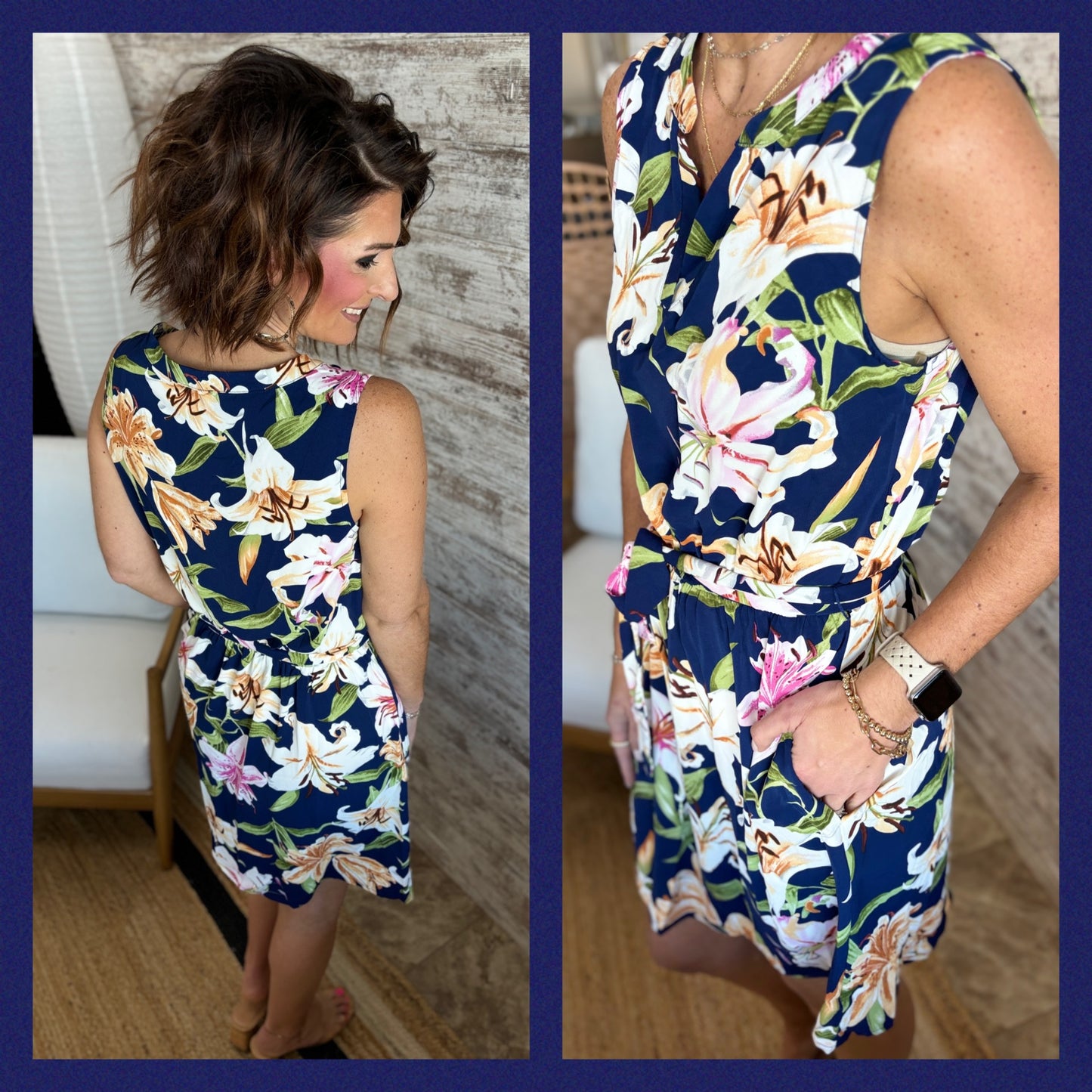 Navy Sleeveless Floral Print Dress