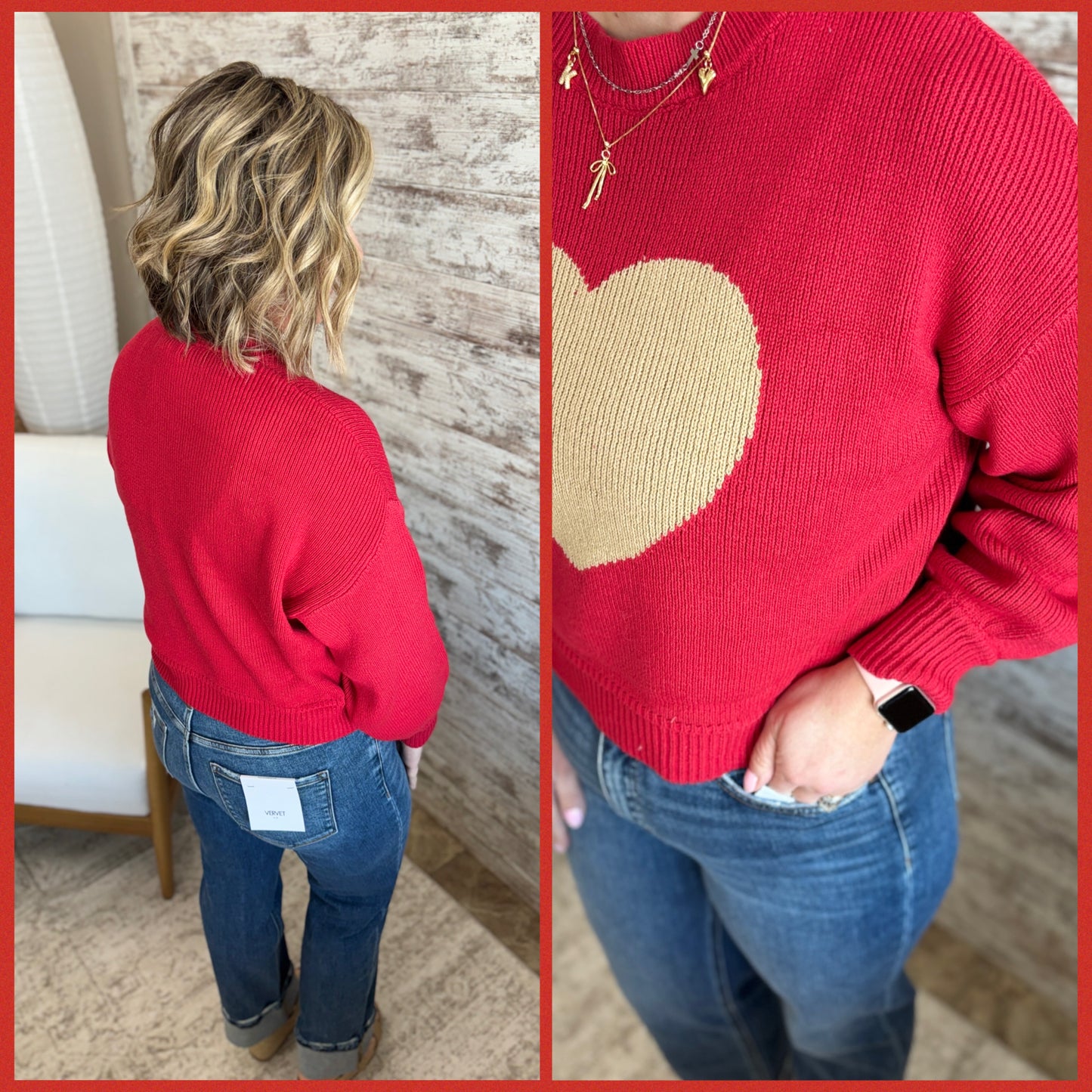 Red Heart Jacquard Crew Neck Knit Pullover Sweater