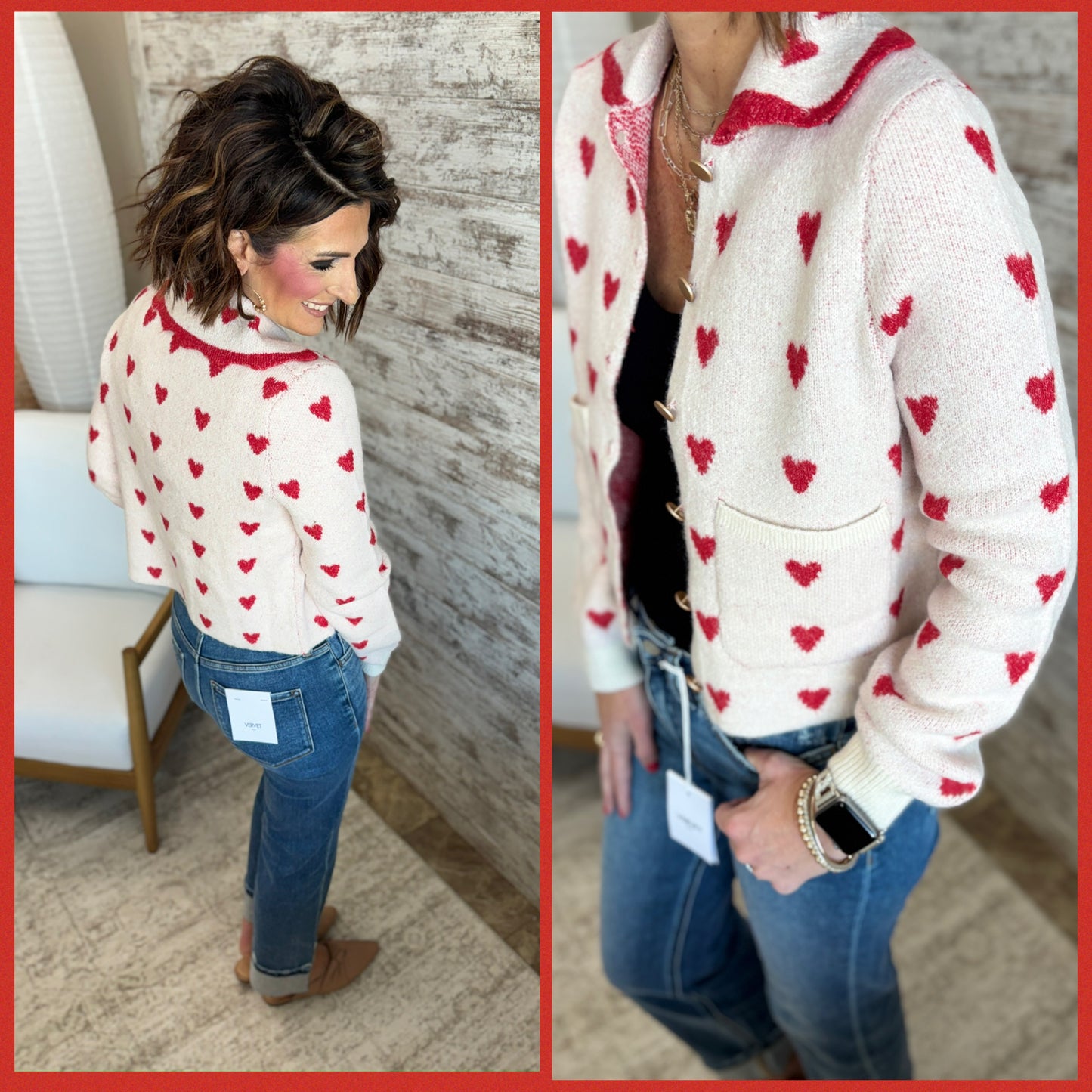Heart Pattern Scallop Collar Button Down Cardigan