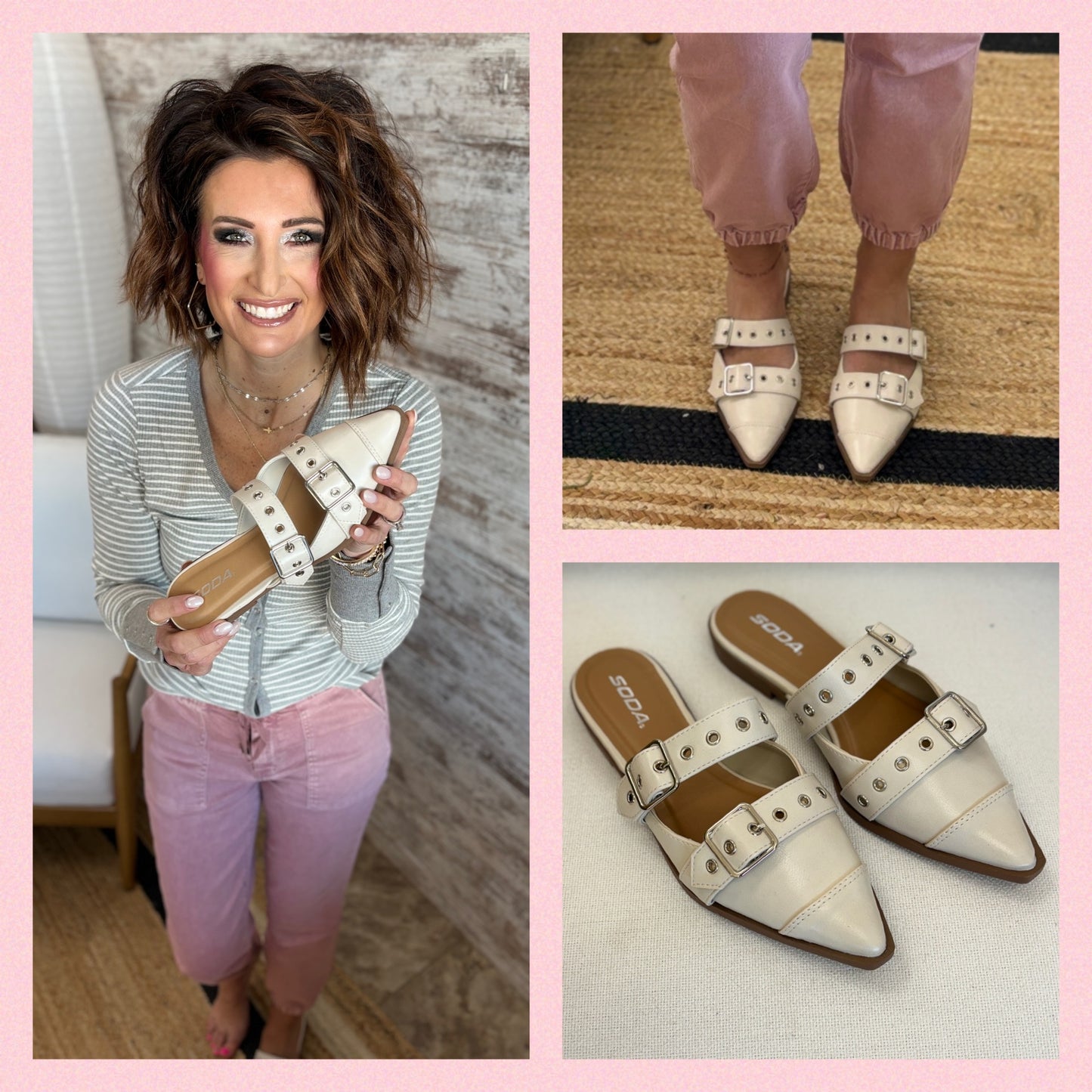 Soda Off White Studded Buckle Mules