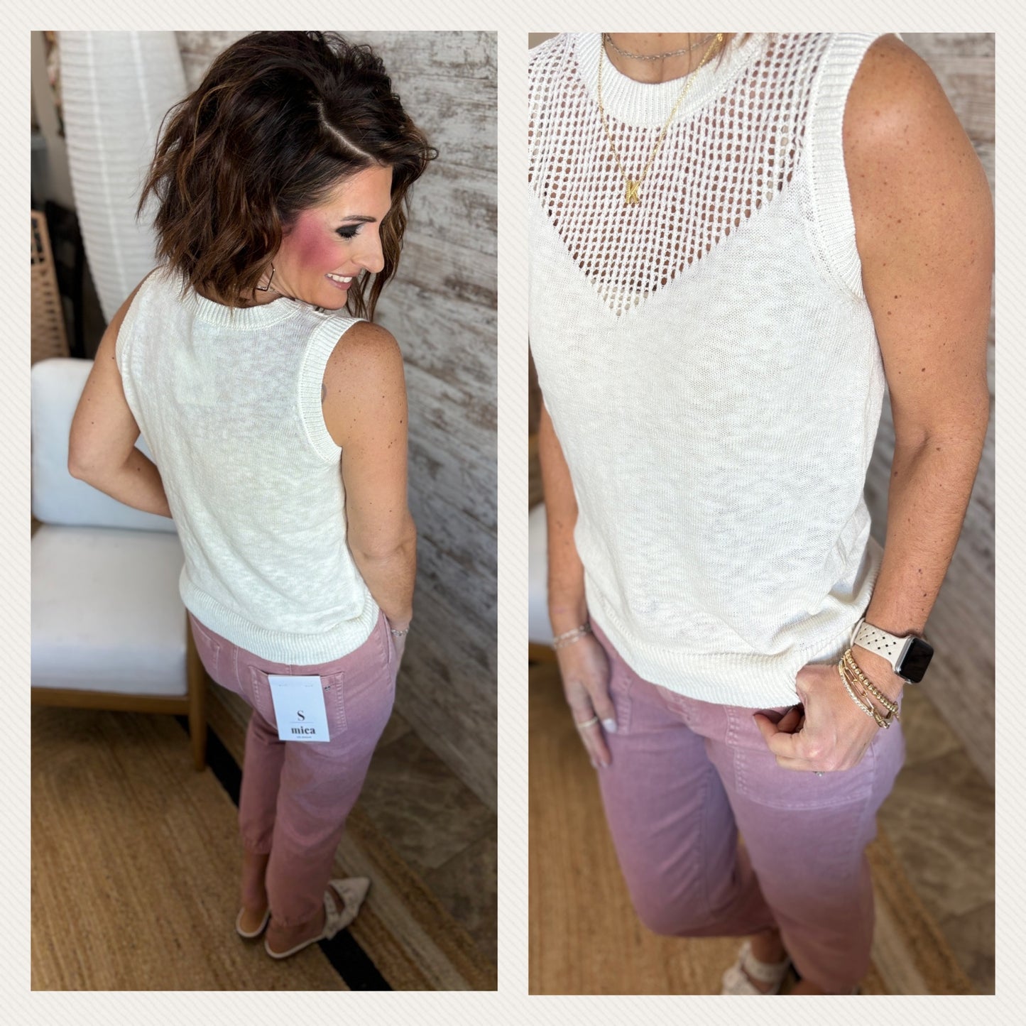Pointelle Cut Out Sleeveless Sweater ~ 2 Colors