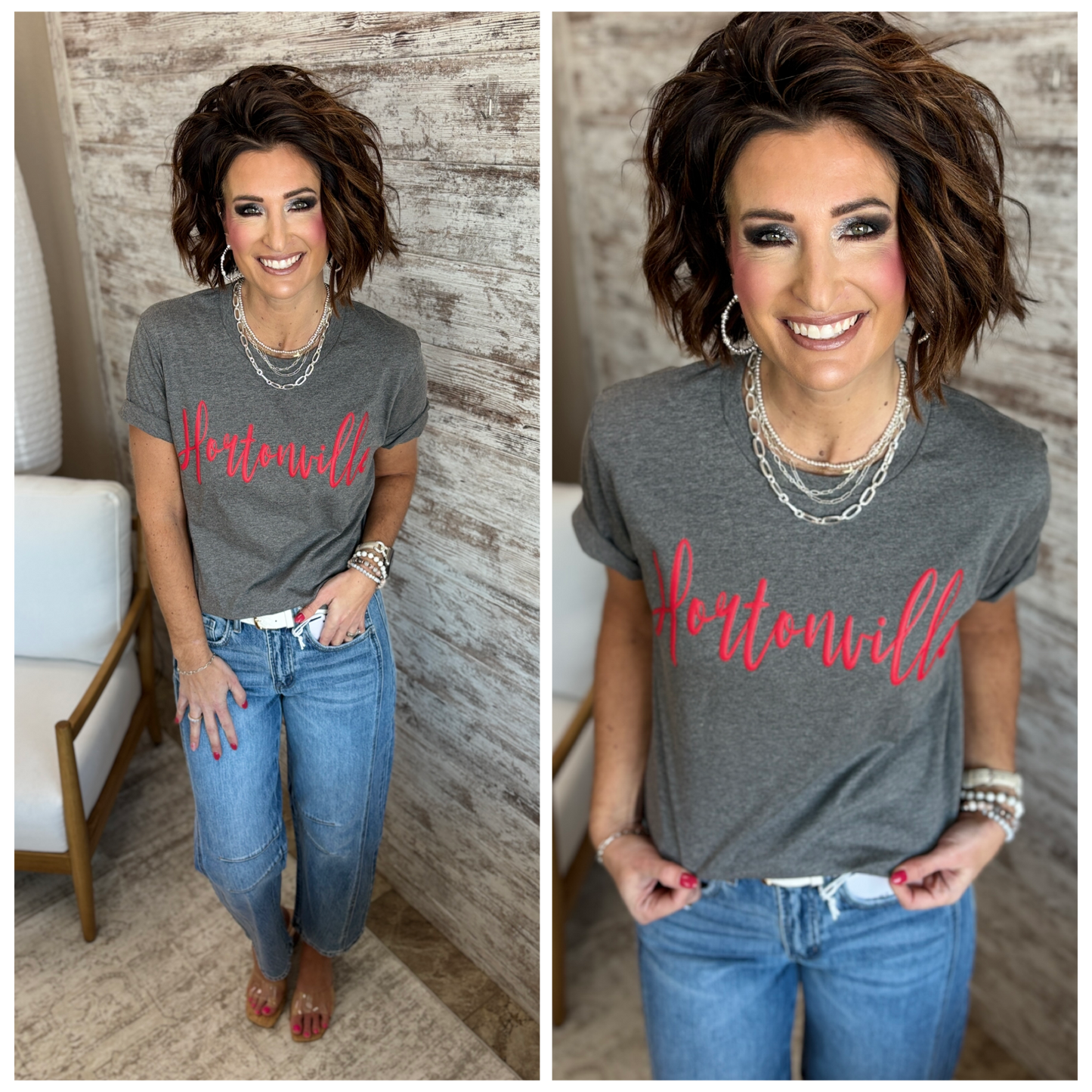 Hortonville Cursive Red Puff Bella Canvas Deep Grey Tee