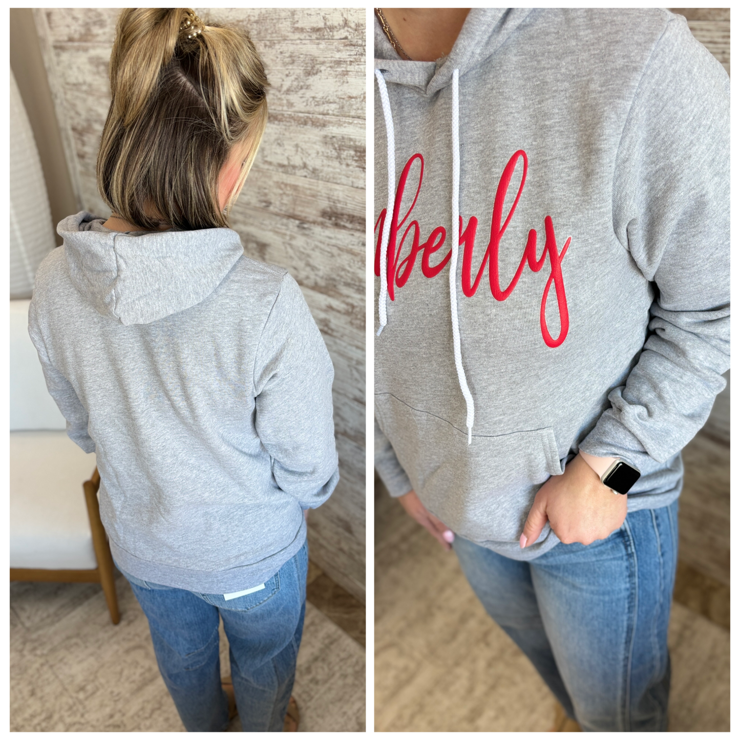 Kimberly Cursive Puff Print Bella Canvas Heather Sponge Grey Hoodie