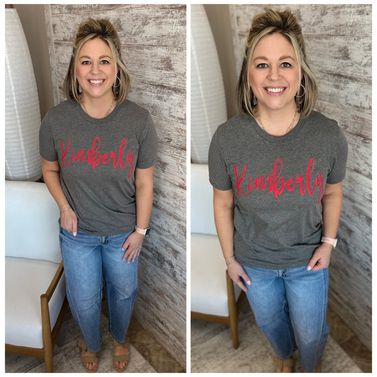 Kimberly Cursive Red Puff Bella Canvas Deep Grey Tee