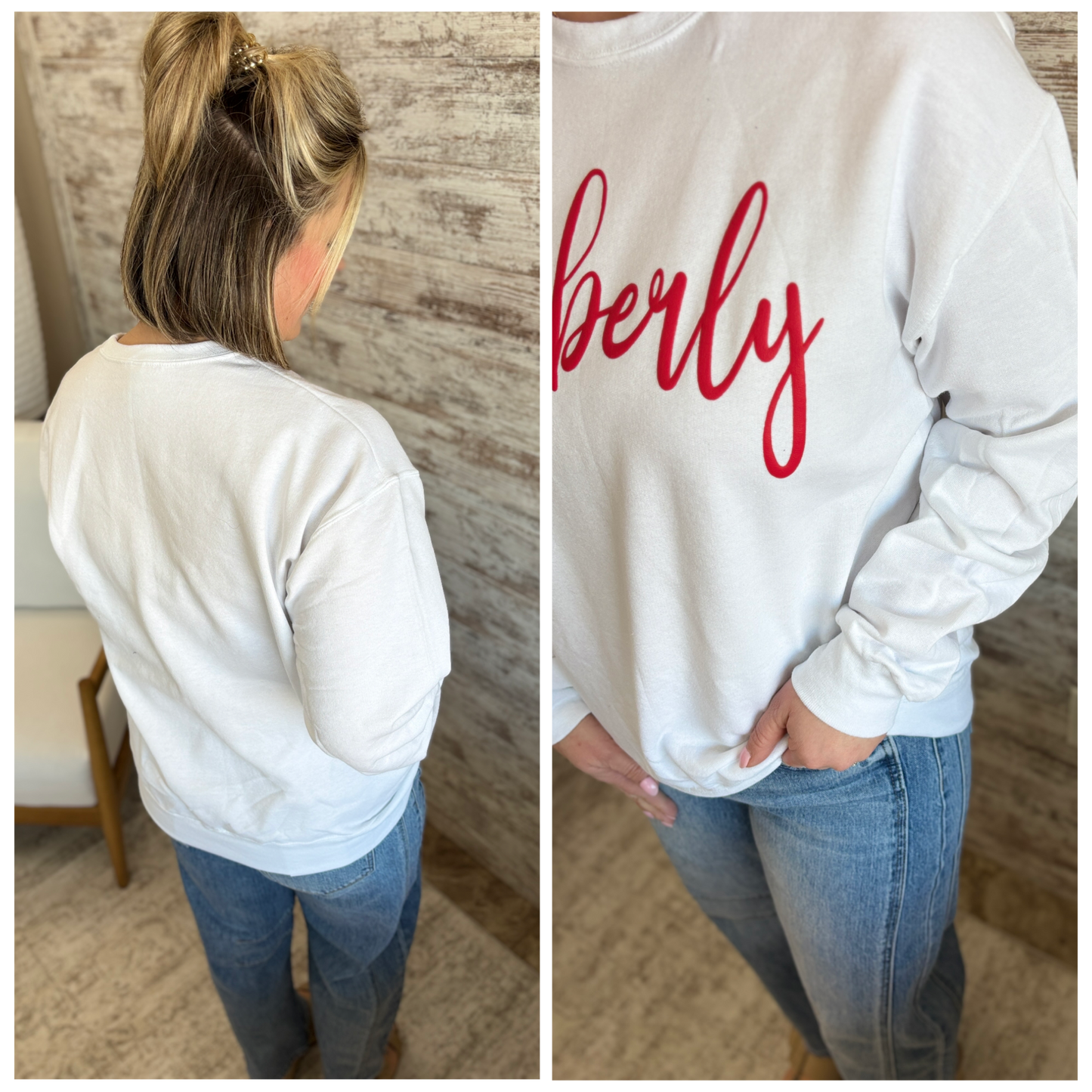 Kimberly Cursive Red Puff White Gildan Crew