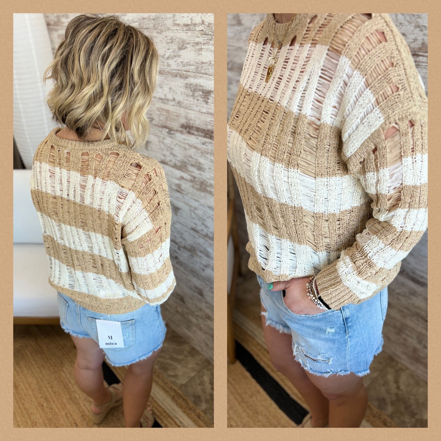 Khaki Striped Ladder Knit Sweater