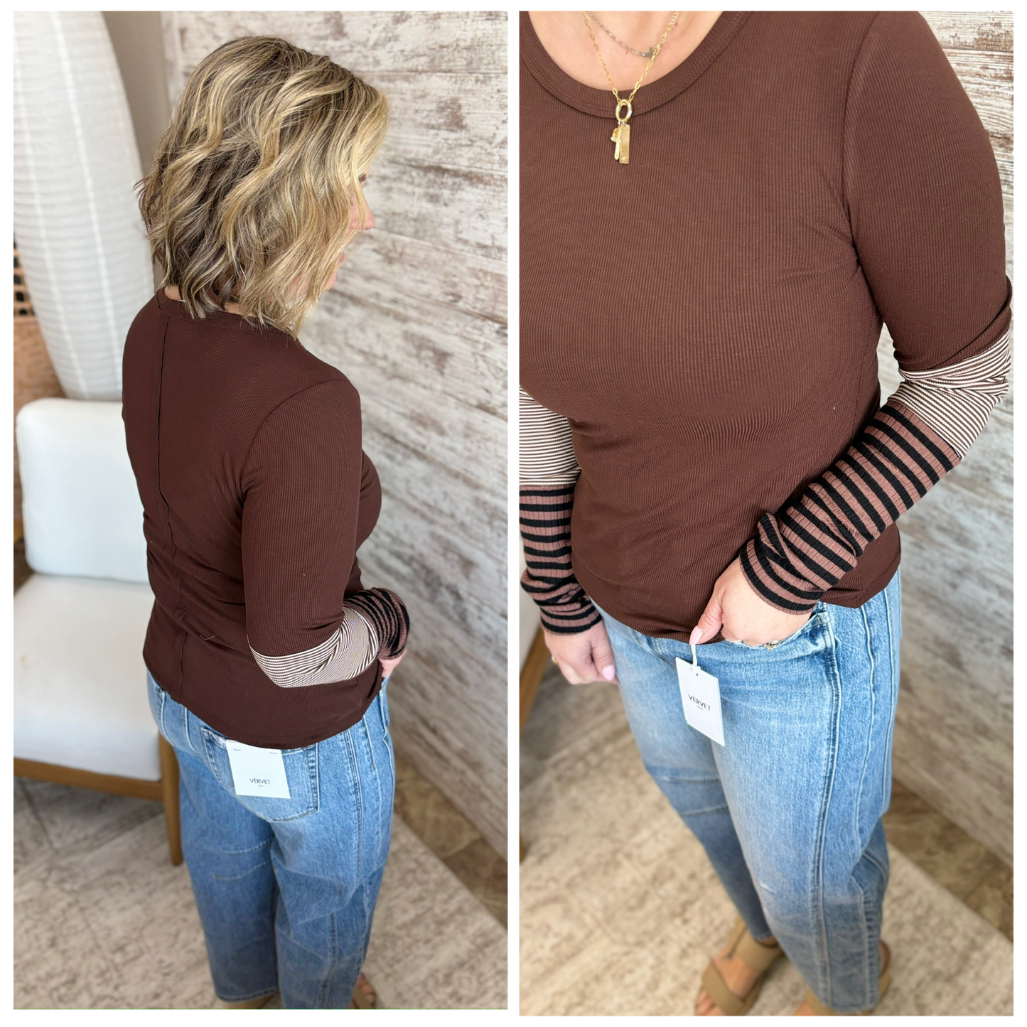 Brown Color Block and Stripe Long Sleeve