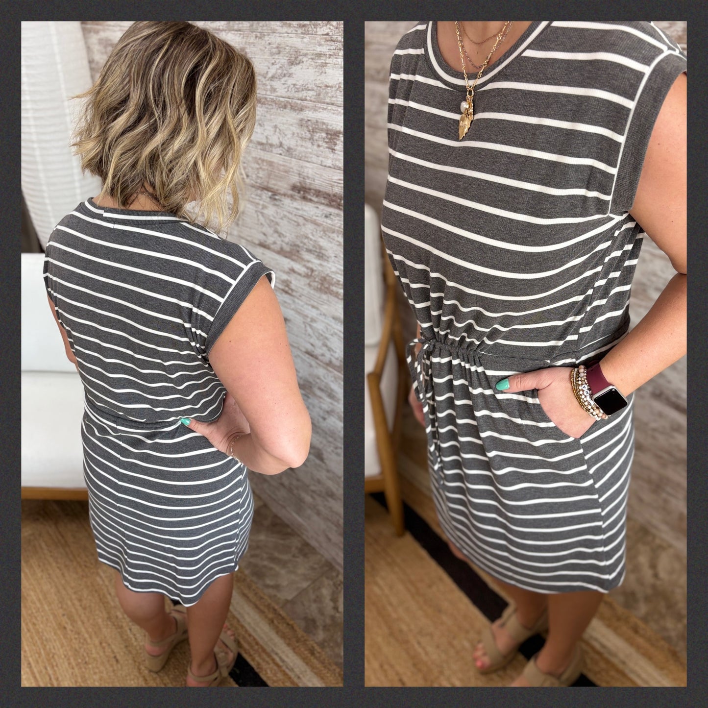 Charcoal Striped Drawstring Dress
