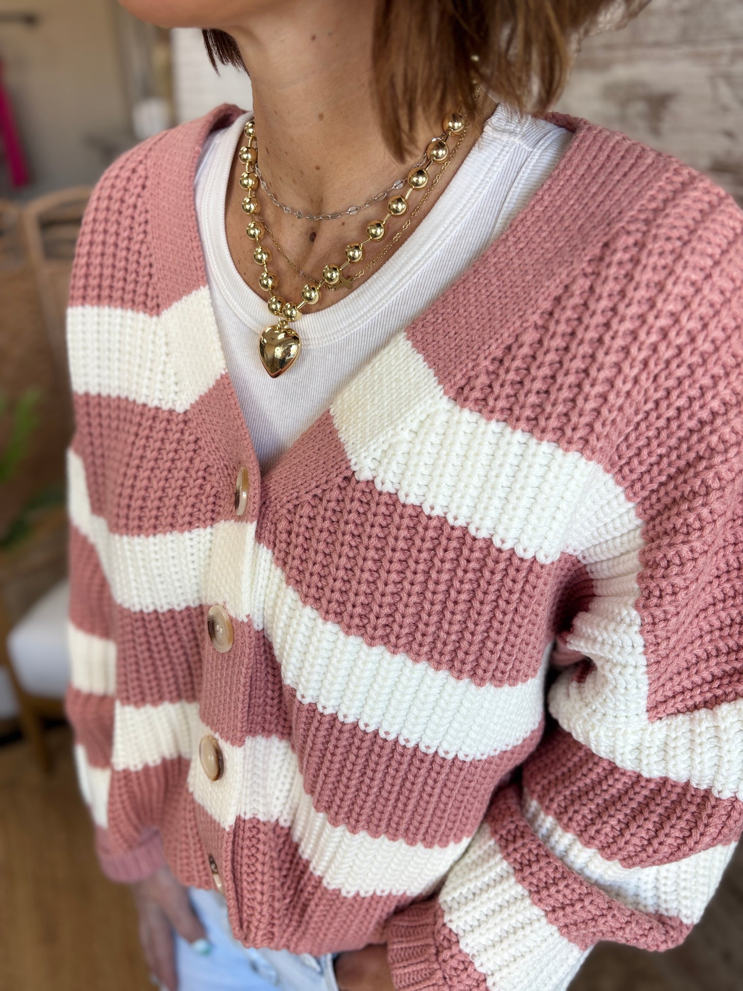 Gold Chunky Bead Puffy Heart Necklace