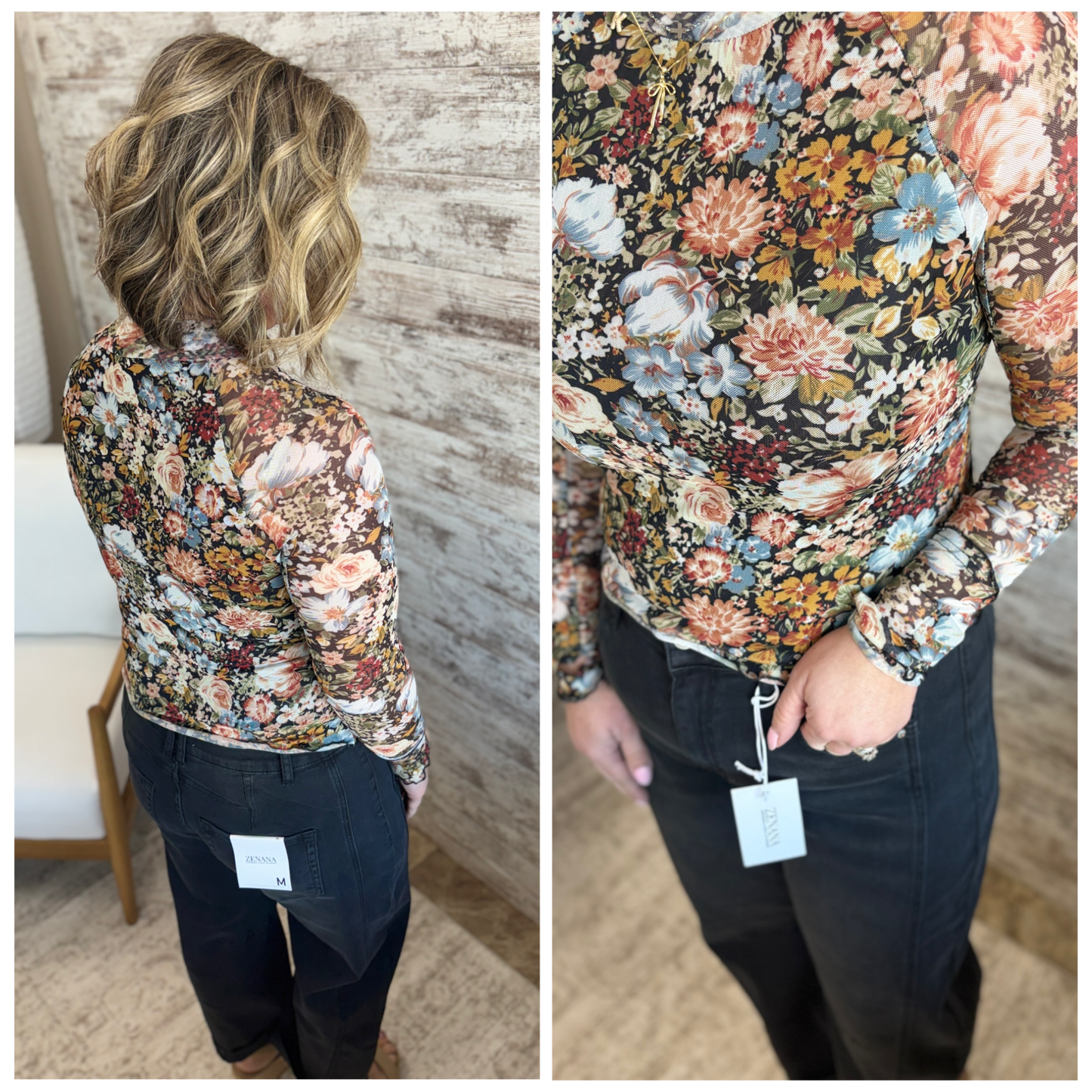 Black Floral Print Semi Sheer Mesh Top