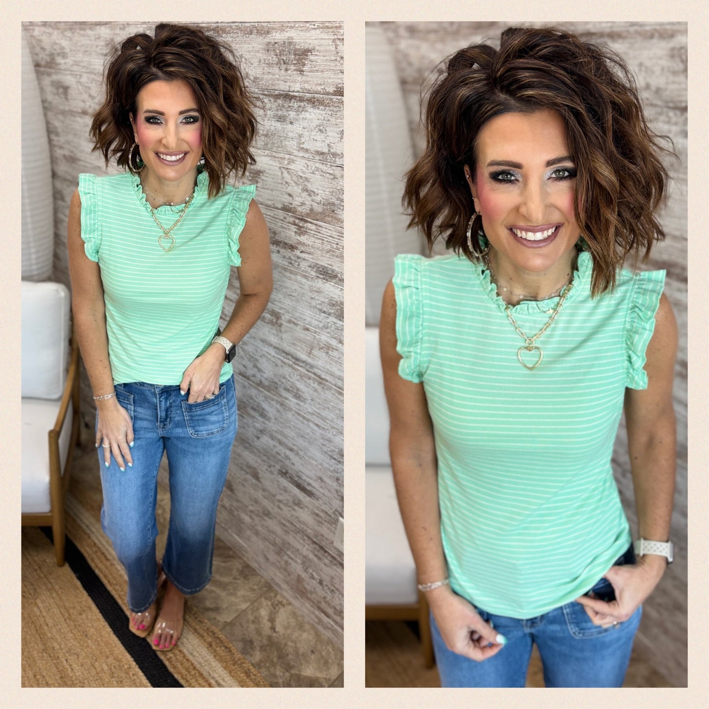 Mint Stripe Ruffle Tank