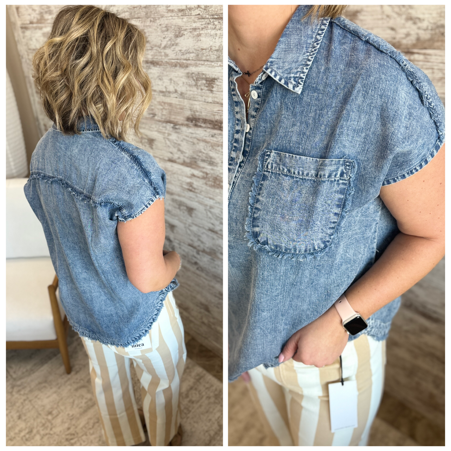 Denim Short Sleeve Henley Top