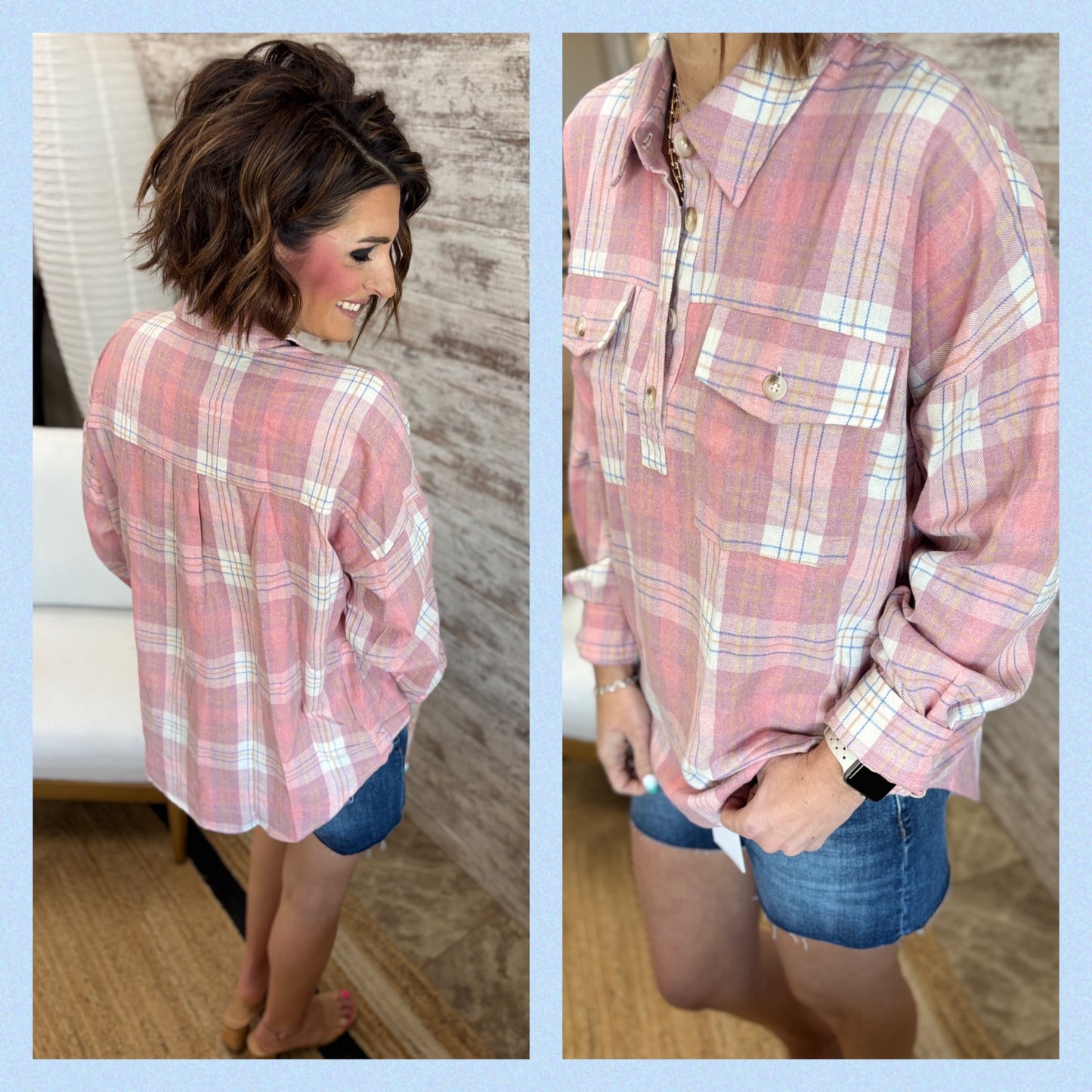Pink Plaid 1/4 Button Shirt