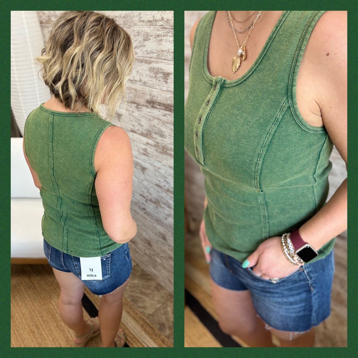 Forest Green Washed Square Henley Tank