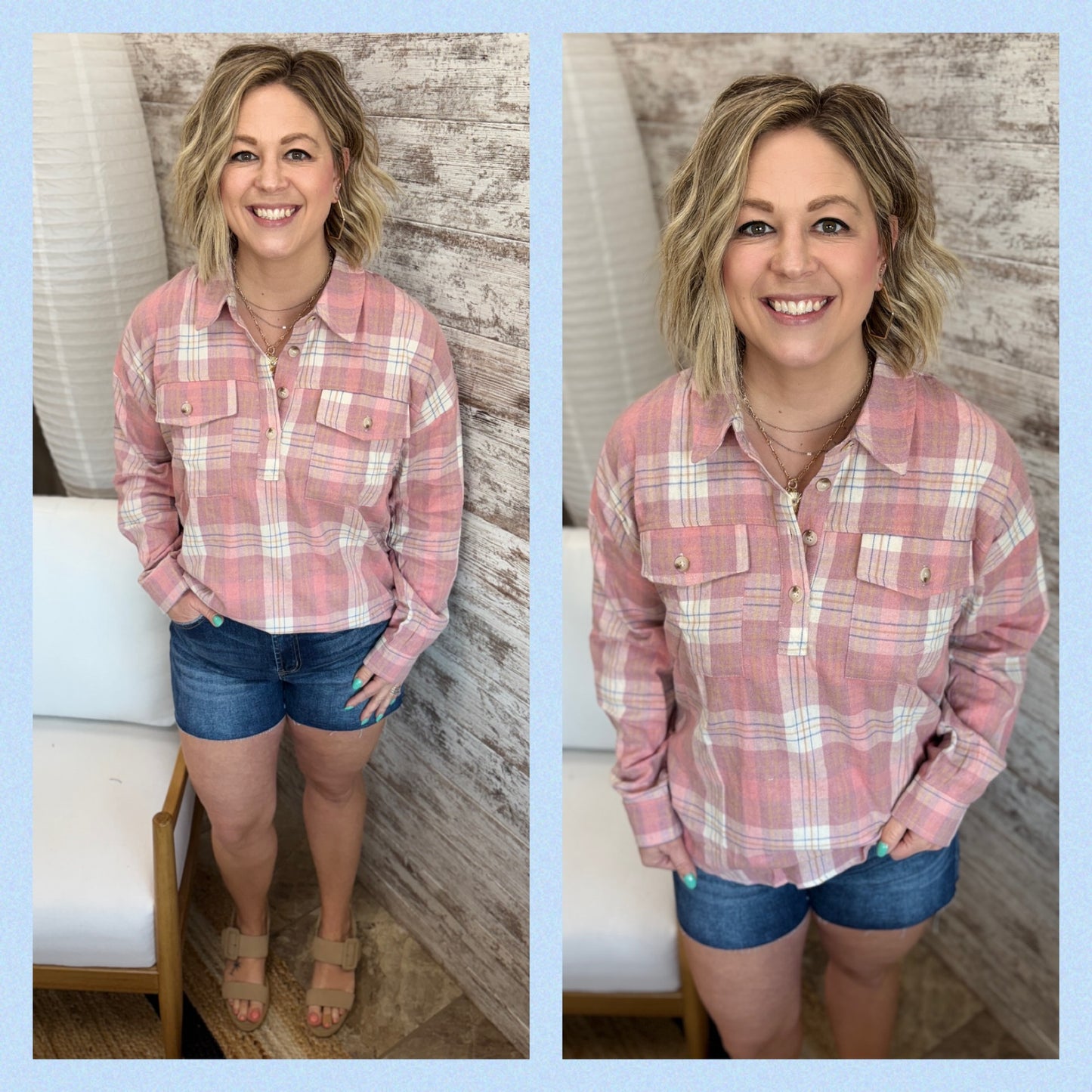 Pink Plaid 1/4 Button Shirt