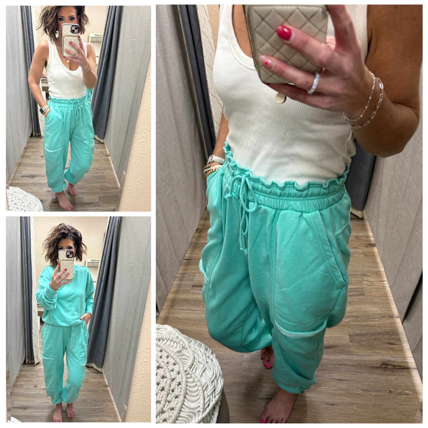 Turquoise Ruffle Waist Burnout Jogger Pants