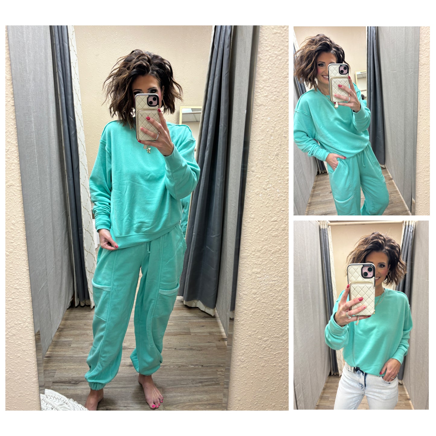 Turquoise Raw Edge Burnout Crew Neck