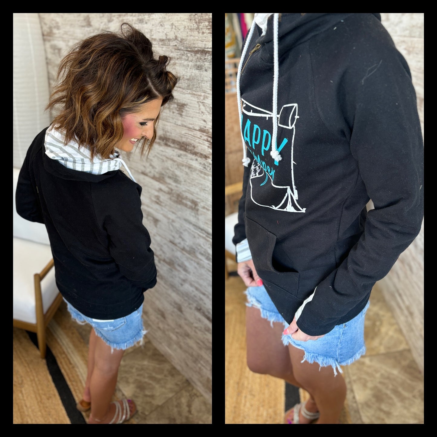 Happy Camper Black Striped Double Hoodie