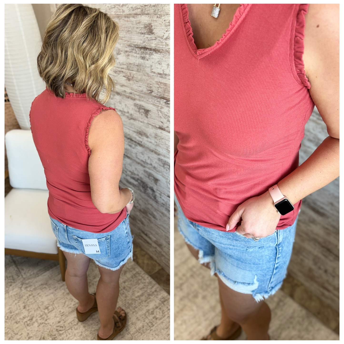 Burnt Sienna V Neck Frilled Knit Tank