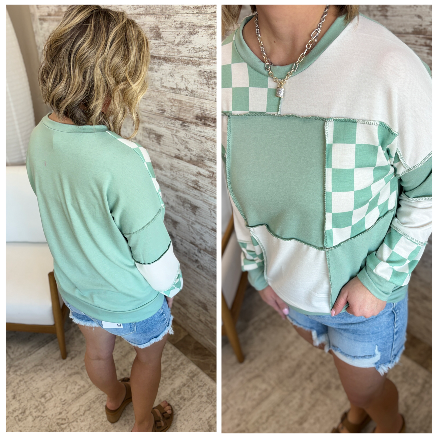 Sage Checkered Patchwork Top