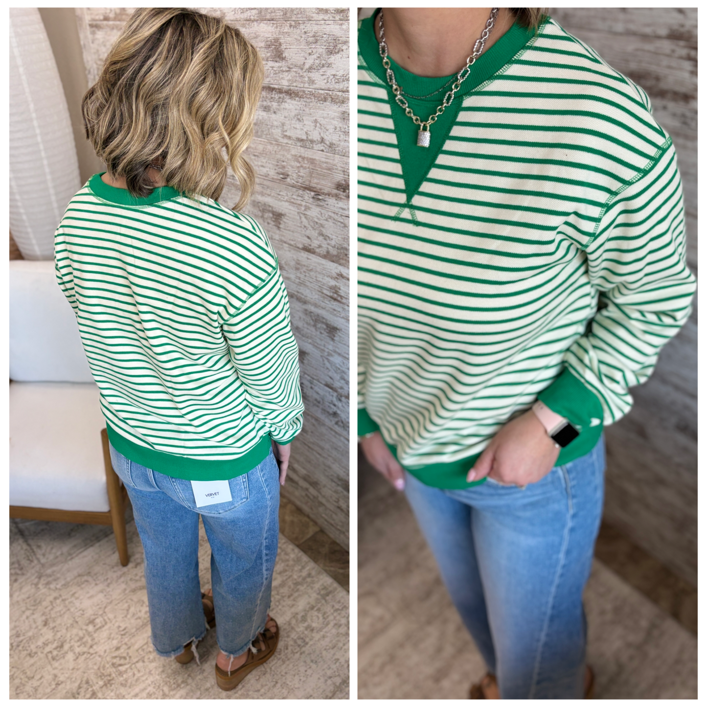Green Striped Exposed Seam Pullover