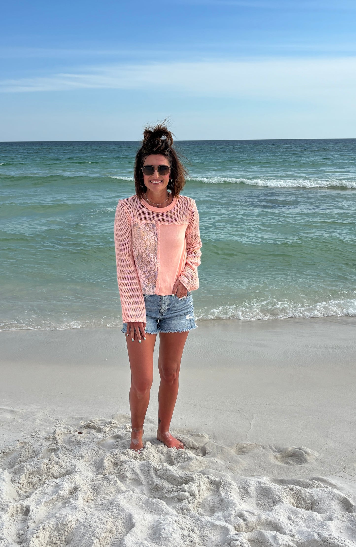 Long Sleeve Rib Top with Crochet Patching-2 Colors** Restocked**