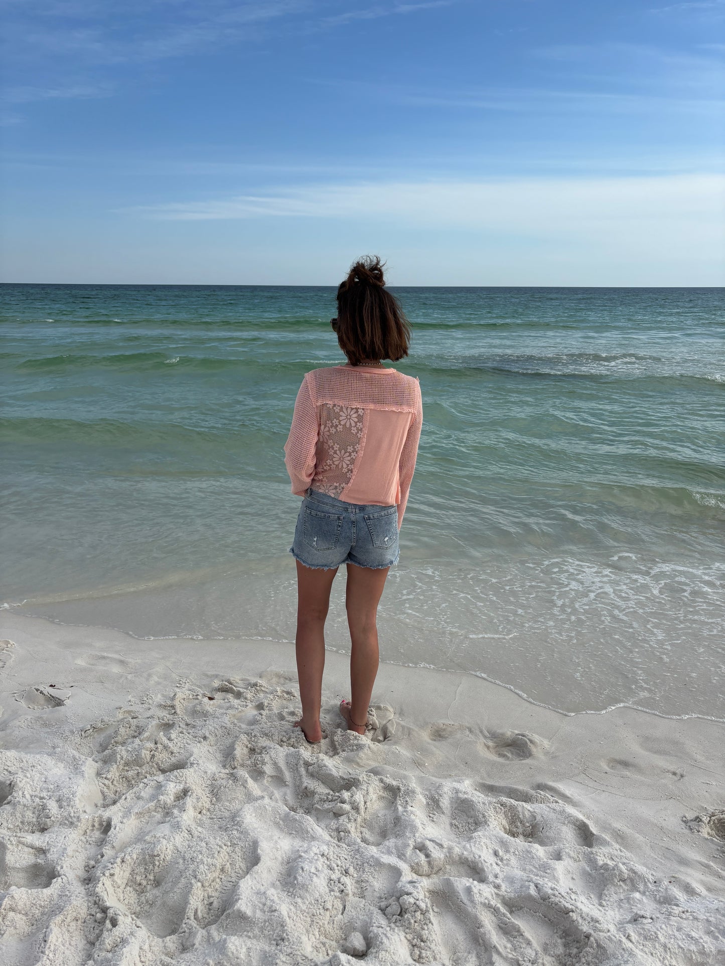 Long Sleeve Rib Top with Crochet Patching-2 Colors** Restocked**