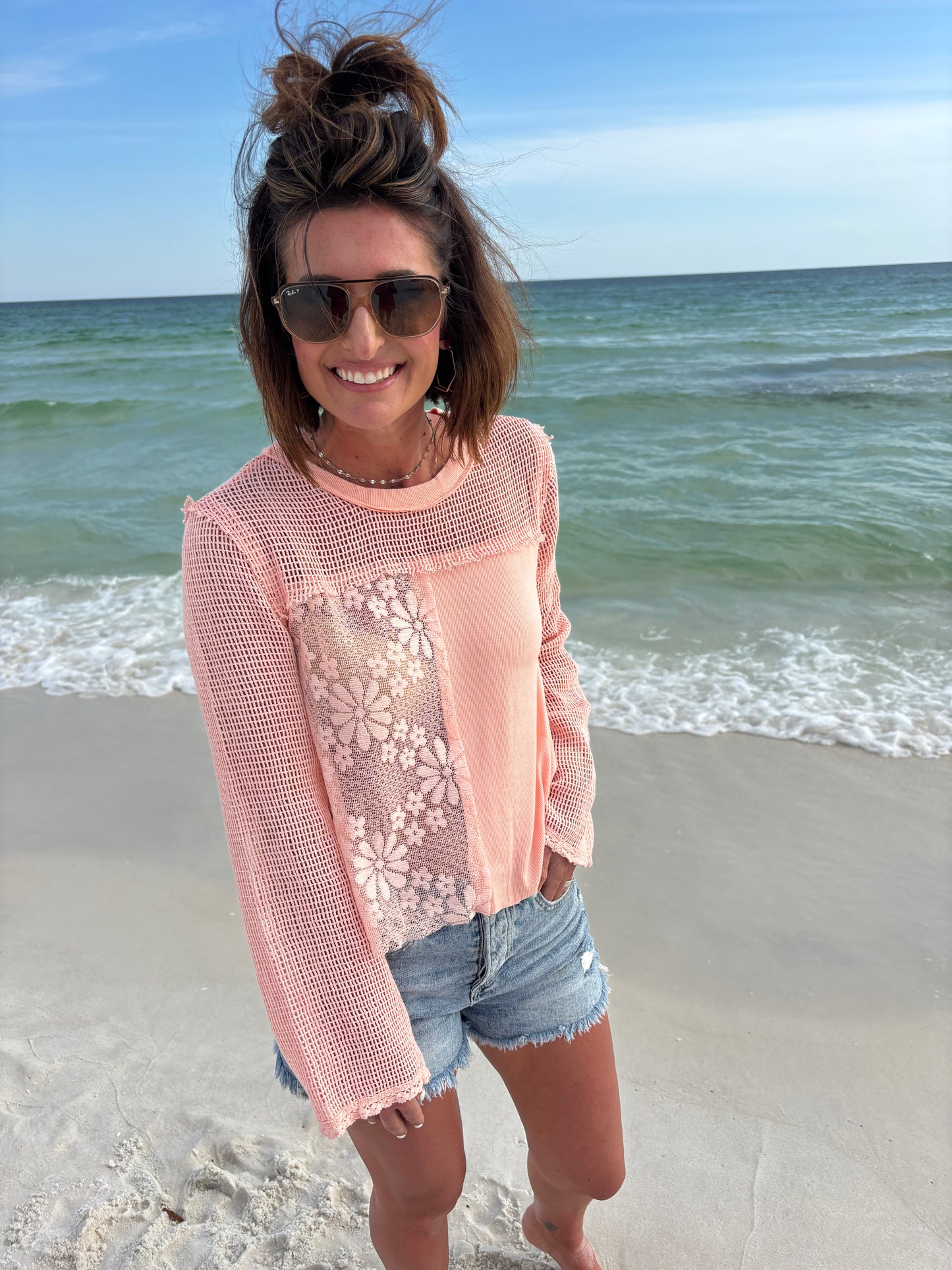 Long Sleeve Rib Top with Crochet Patching-2 Colors** Restocked**