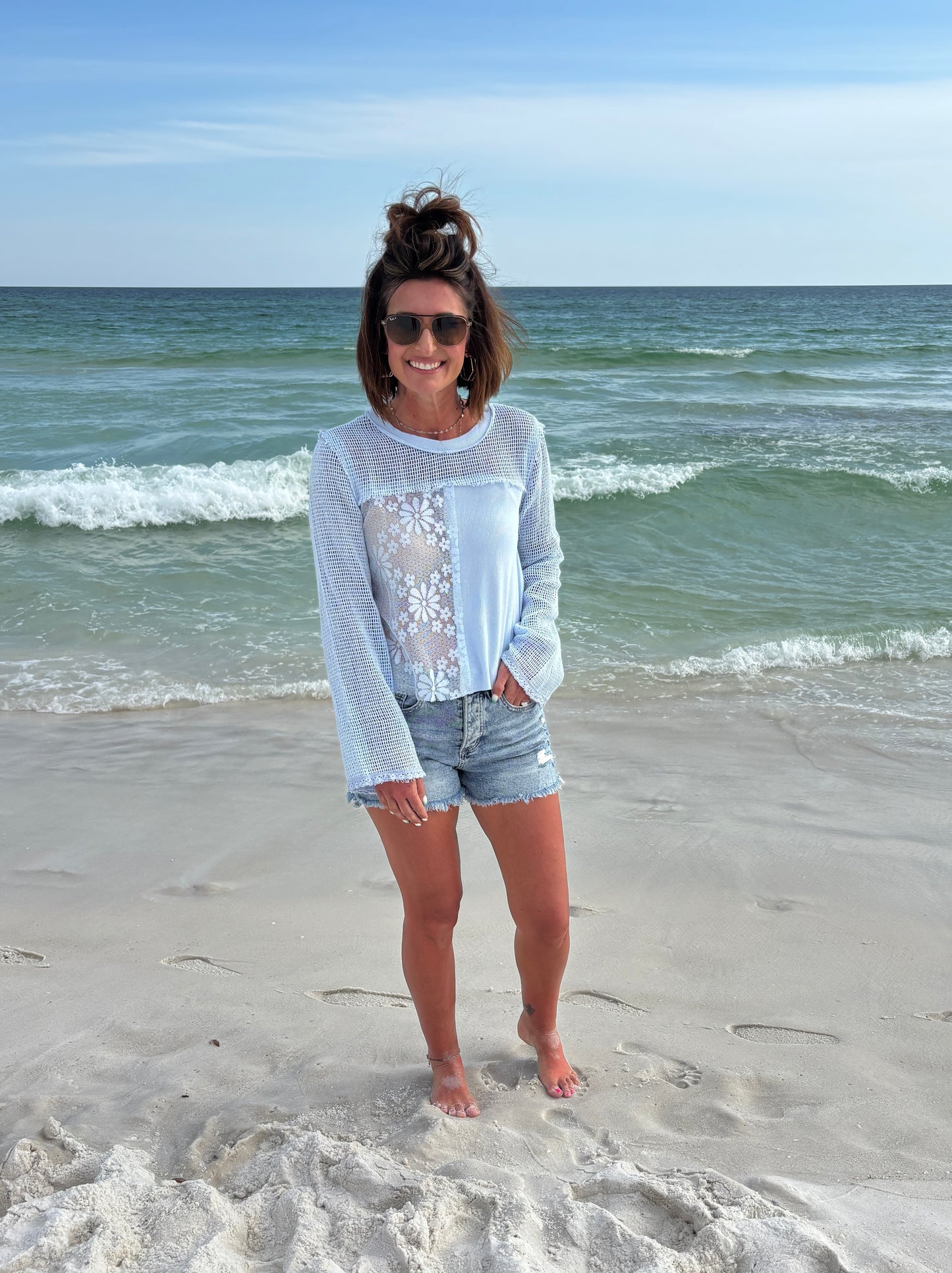 Long Sleeve Rib Top with Crochet Patching-2 Colors** Restocked**
