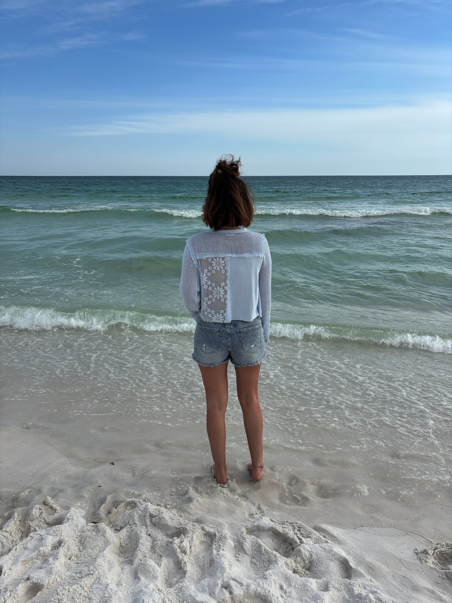 Long Sleeve Rib Top with Crochet Patching-2 Colors** Restocked**