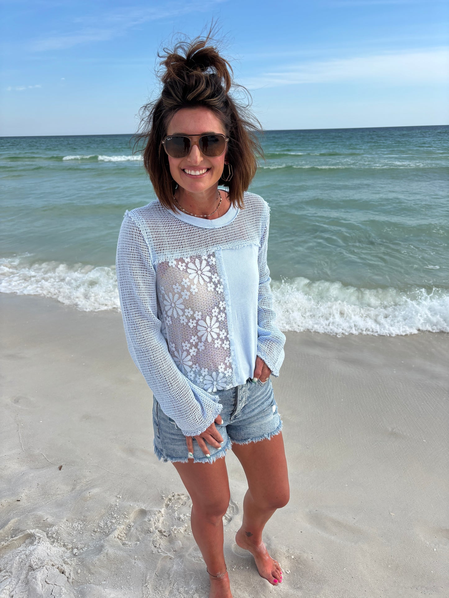 Long Sleeve Rib Top with Crochet Patching-2 Colors** Restocked**