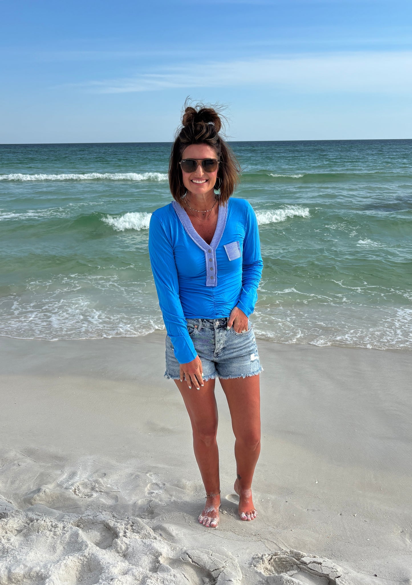 Center Shirring V Neck Long Sleeve-2 Colors