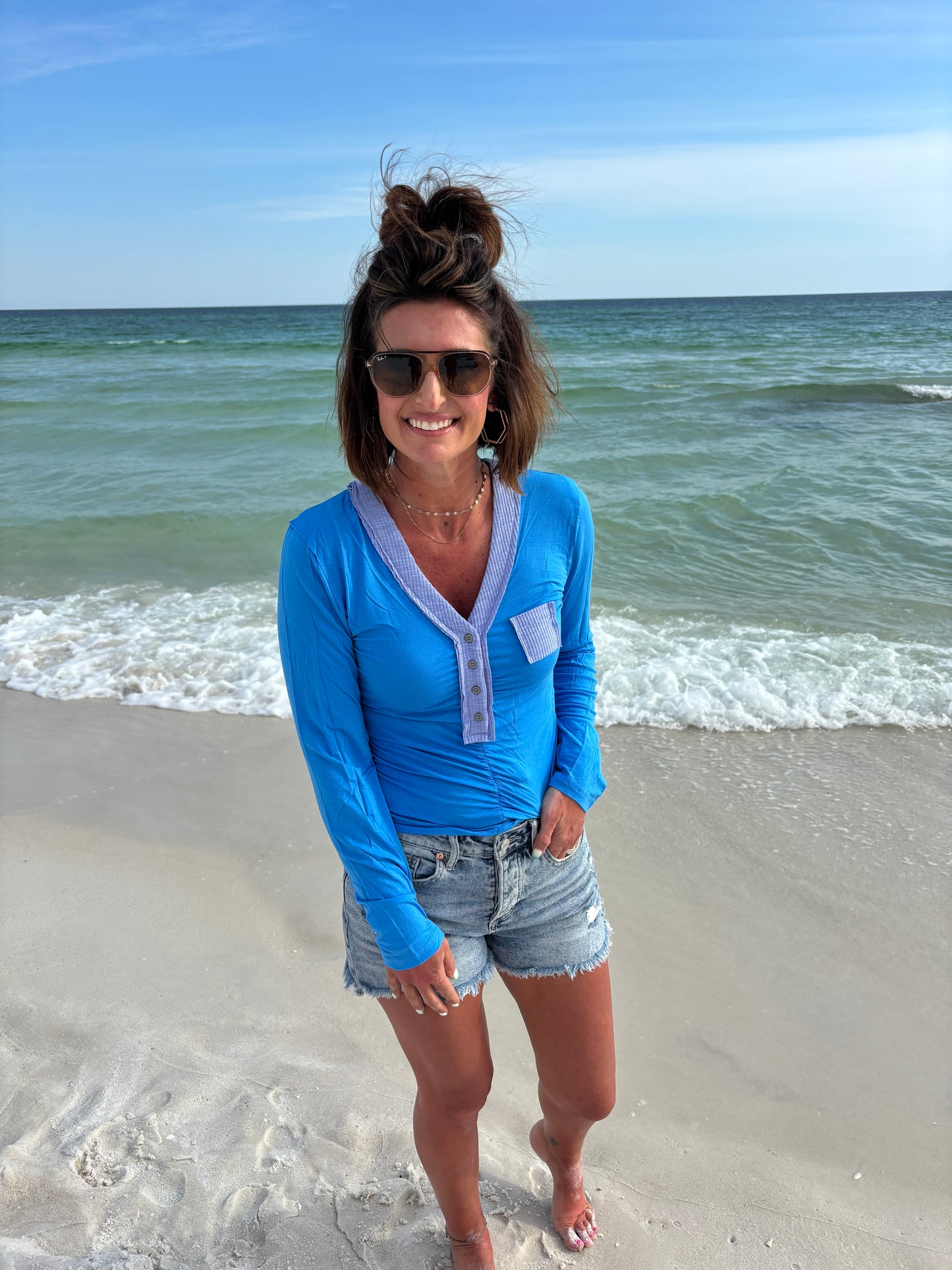 Center Shirring V Neck Long Sleeve-2 Colors