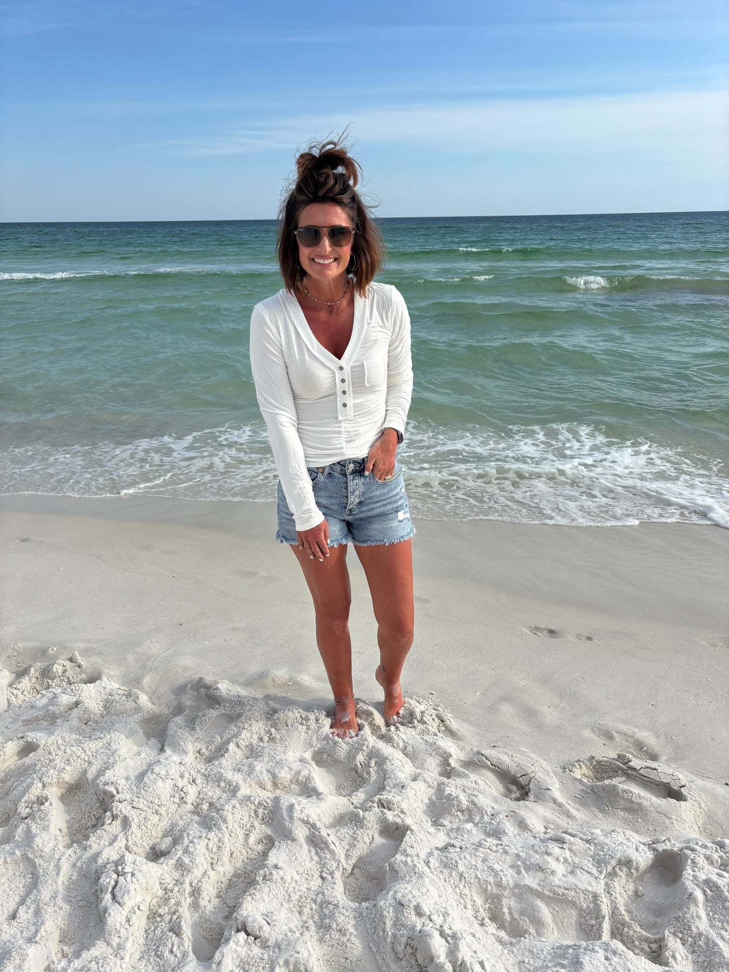 Center Shirring V Neck Long Sleeve-2 Colors