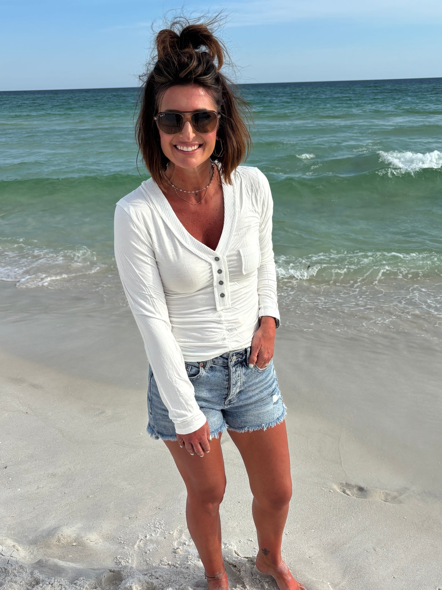 Center Shirring V Neck Long Sleeve-2 Colors