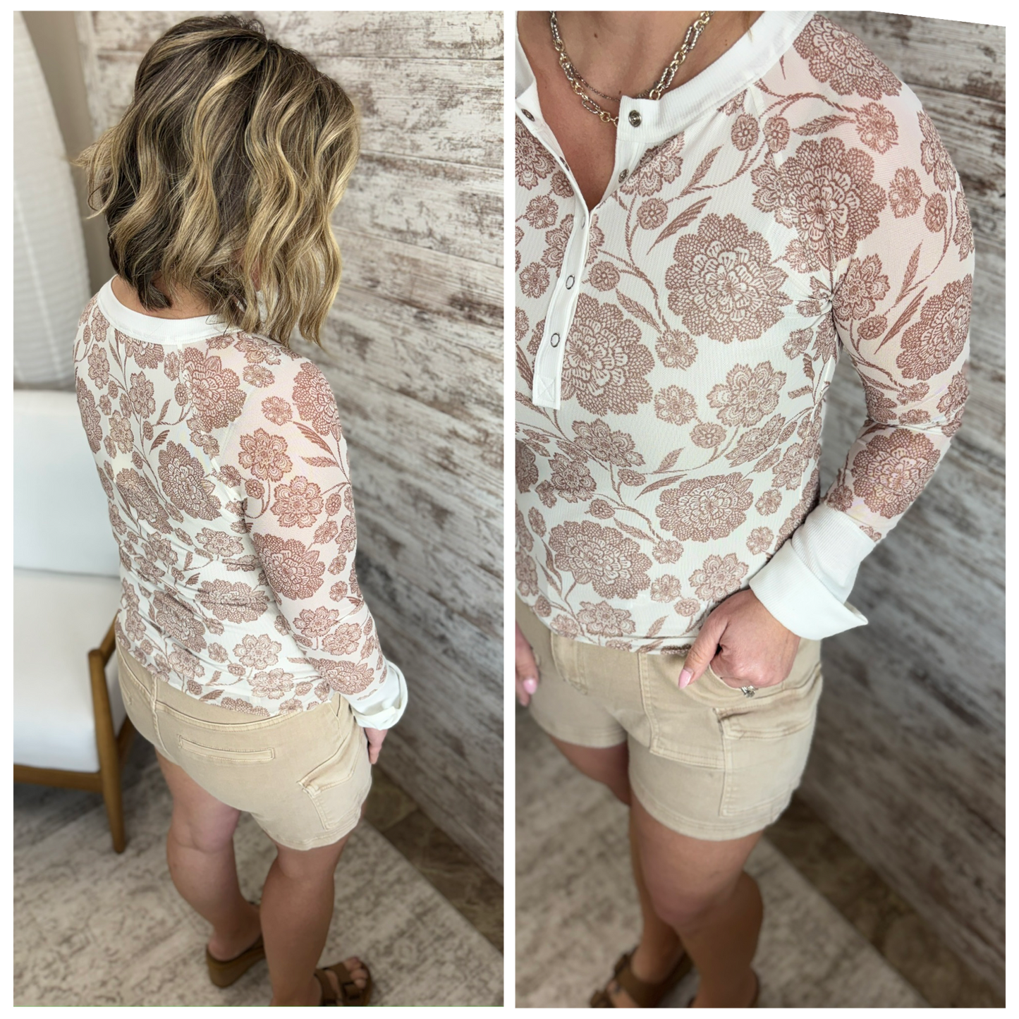 Cream Floral Mesh Henly Top
