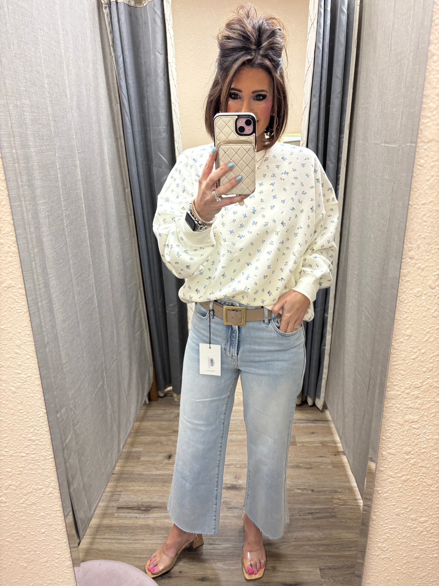 Cream/Blue Ditsy Floral Crew Neck