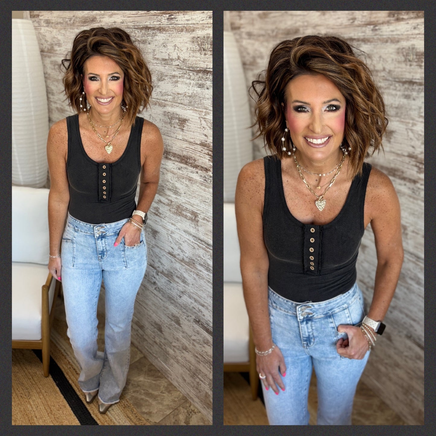 Scoop Neck Body Suit with Button Detail ~ 3 Colors