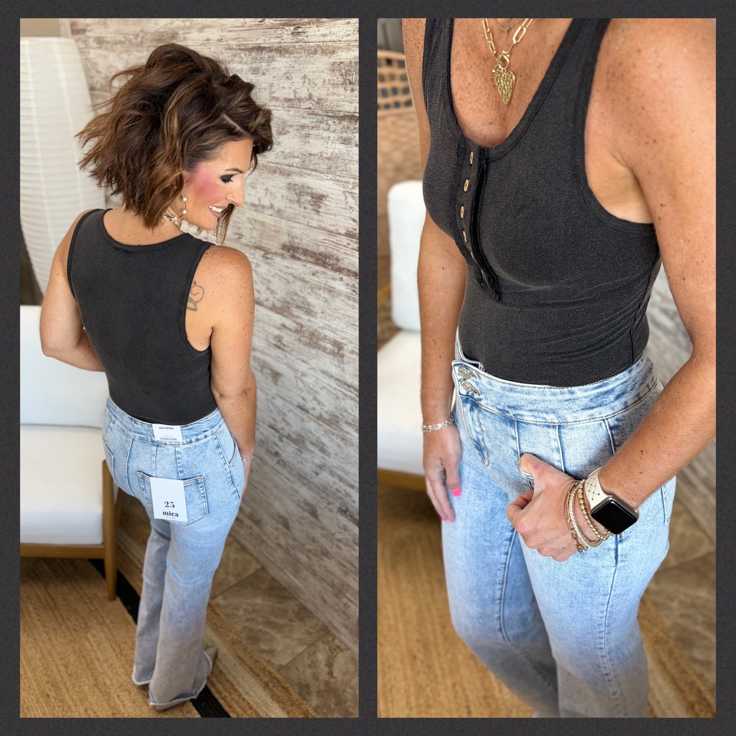 Scoop Neck Body Suit with Button Detail ~ 3 Colors