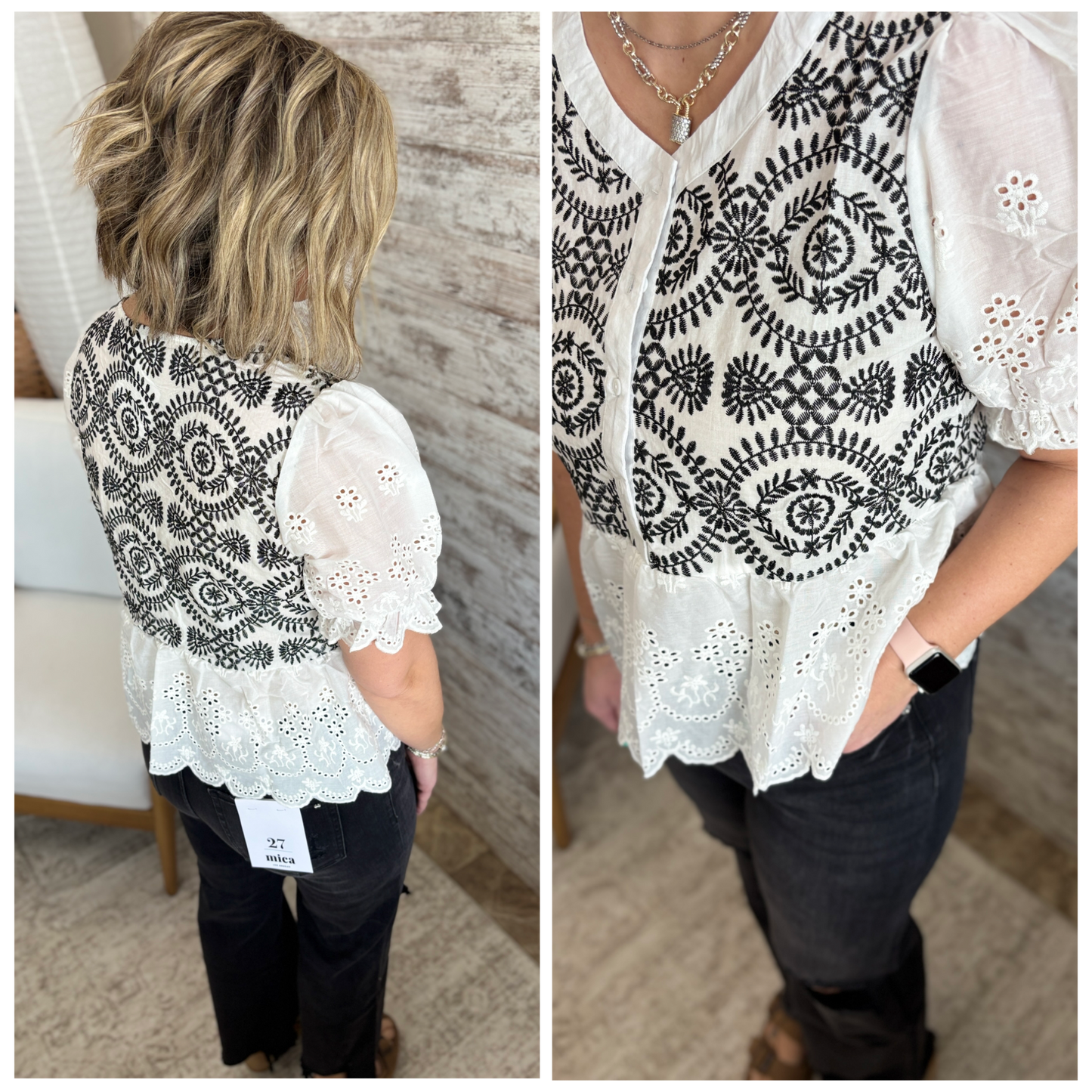 White/Black Button Down Embroidered Top