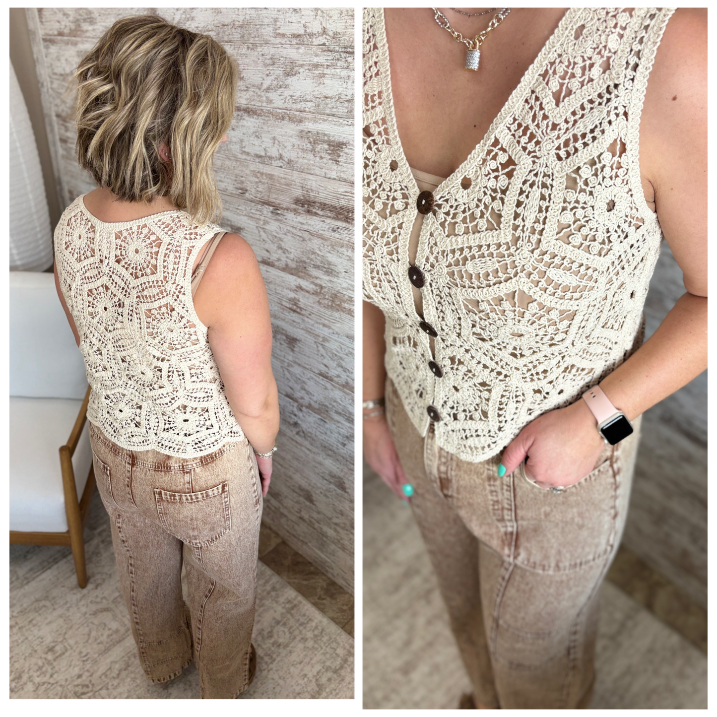 Natural Floral Crochet Vest
