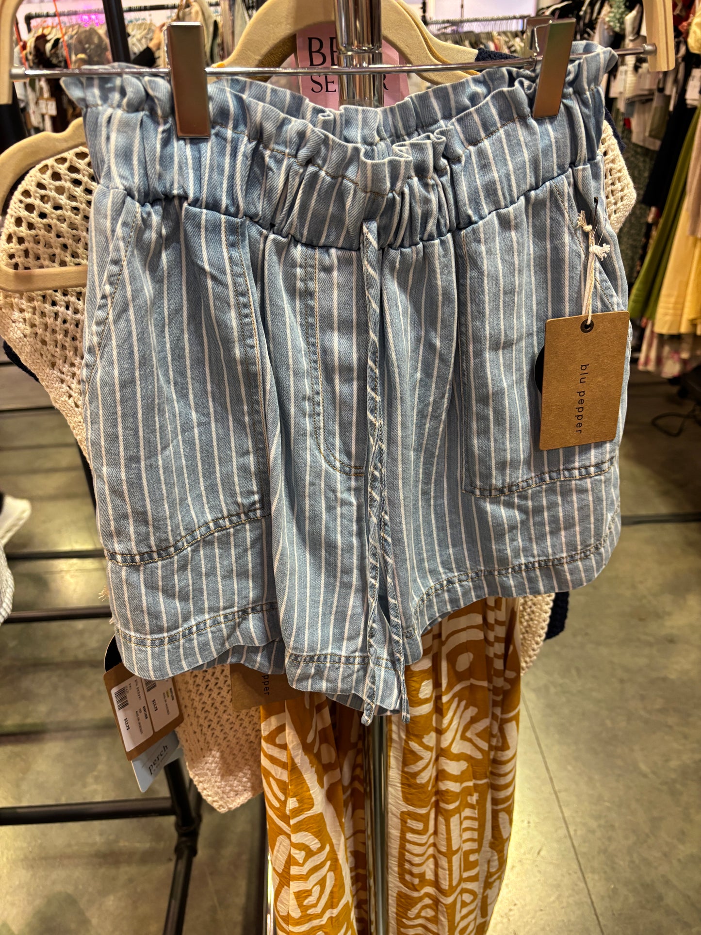 Blue High Waist Stripe Shorts