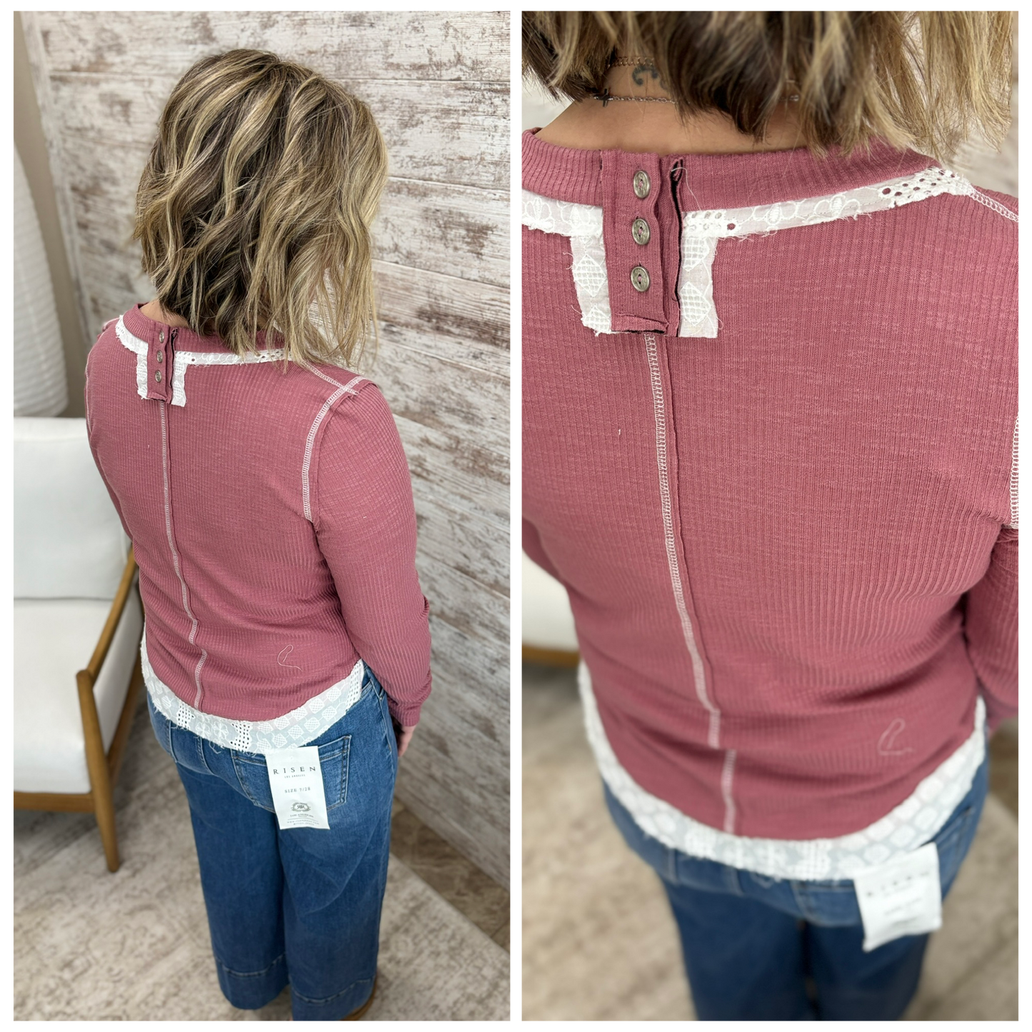 Mauve Pink Ribbed Top with Lace Accent