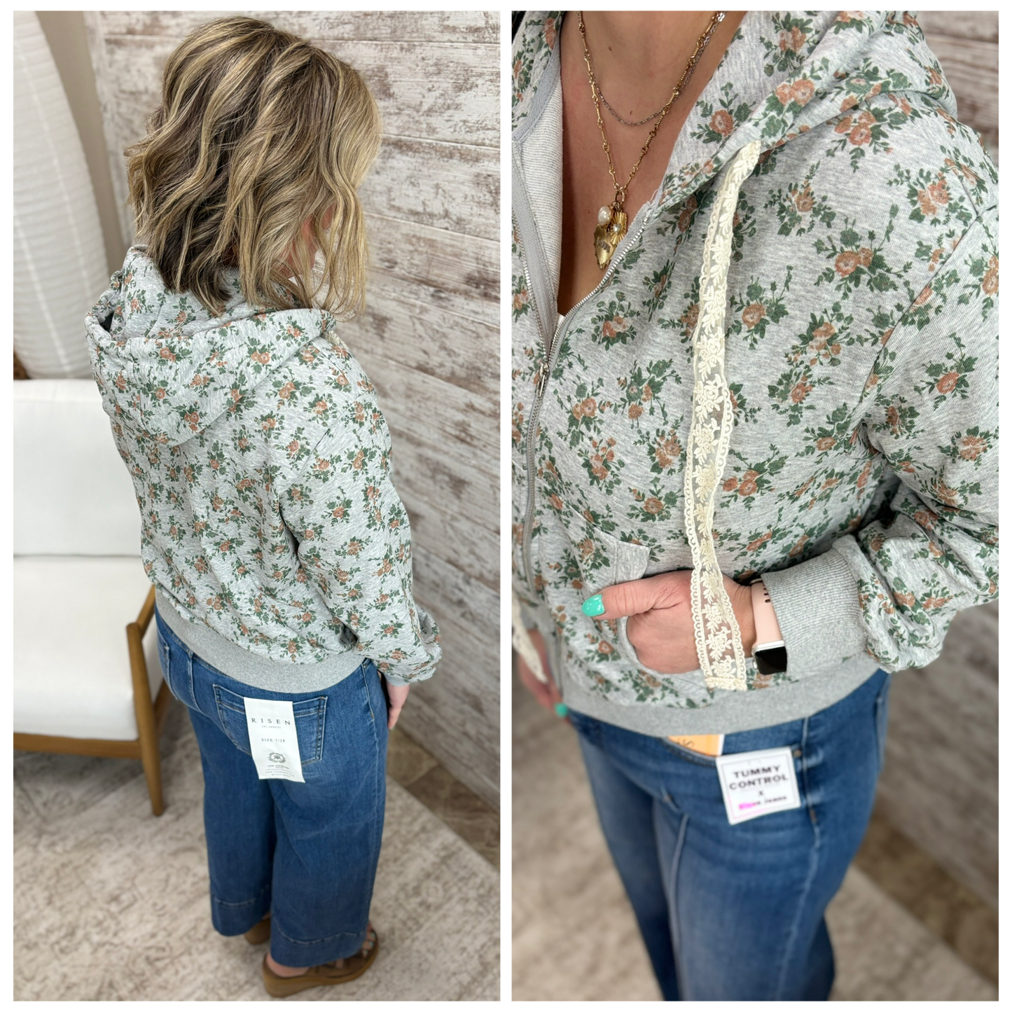 Grey/Orange Floral Zip Up Hoodie