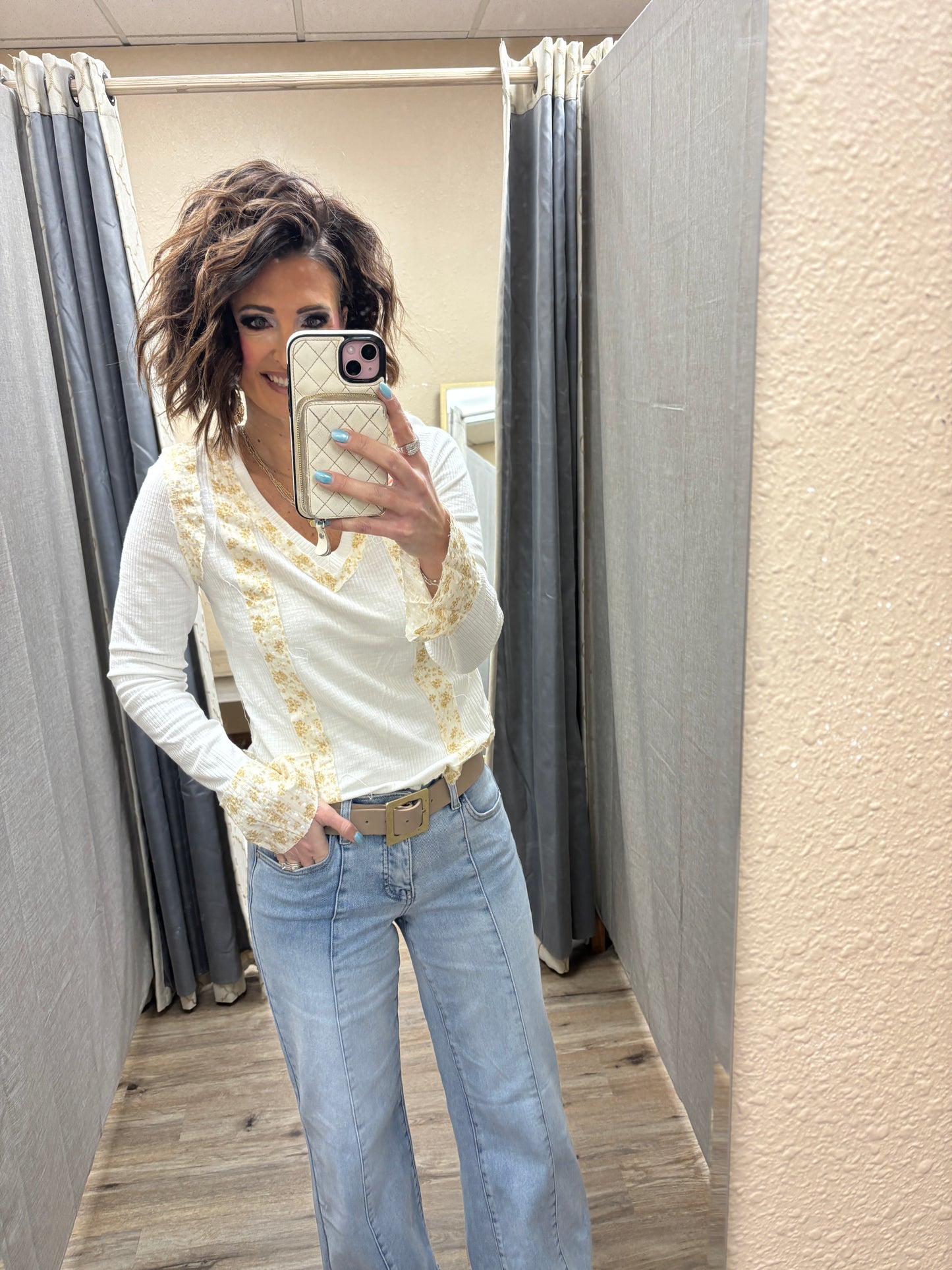 Off White V Neck with Floral Accent