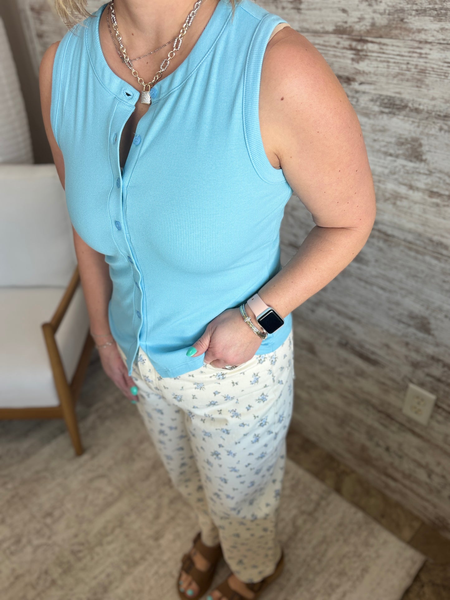 Blue Ribbed Button Down Tank