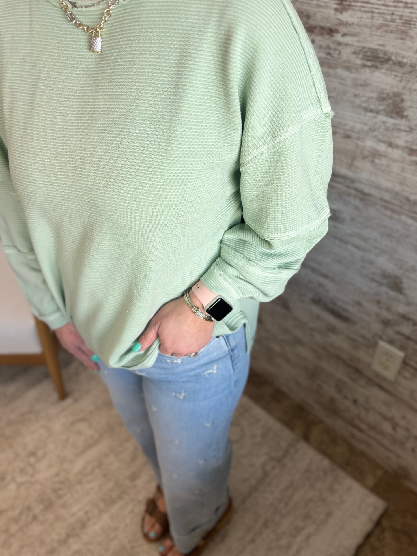 Dusty Mint Knit Top With Exposed Seam