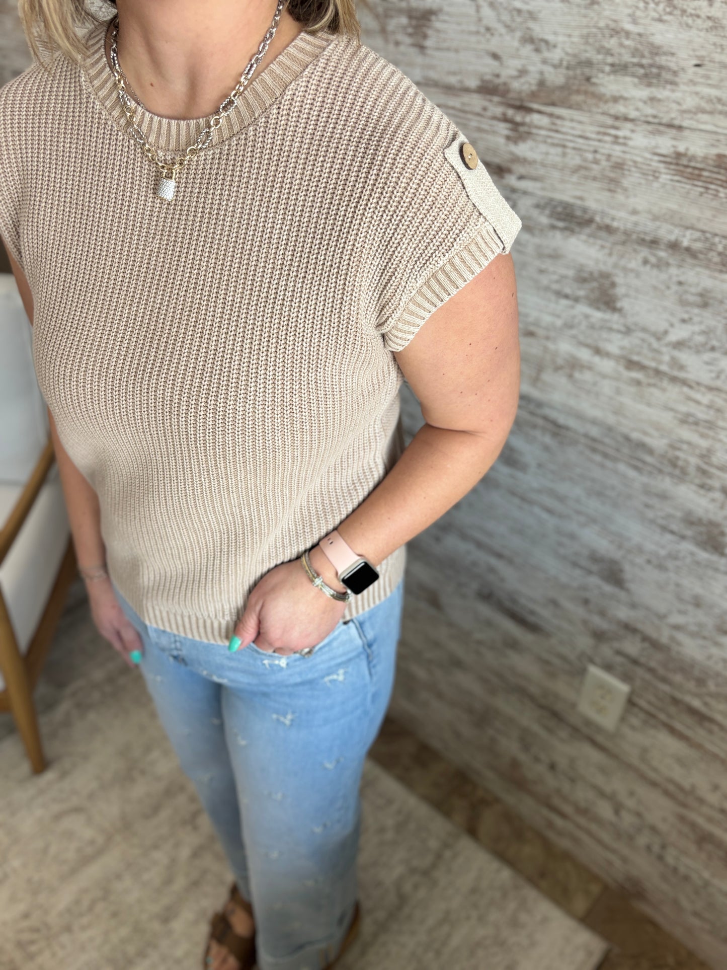 Khaki Acid Wash Button Sweater