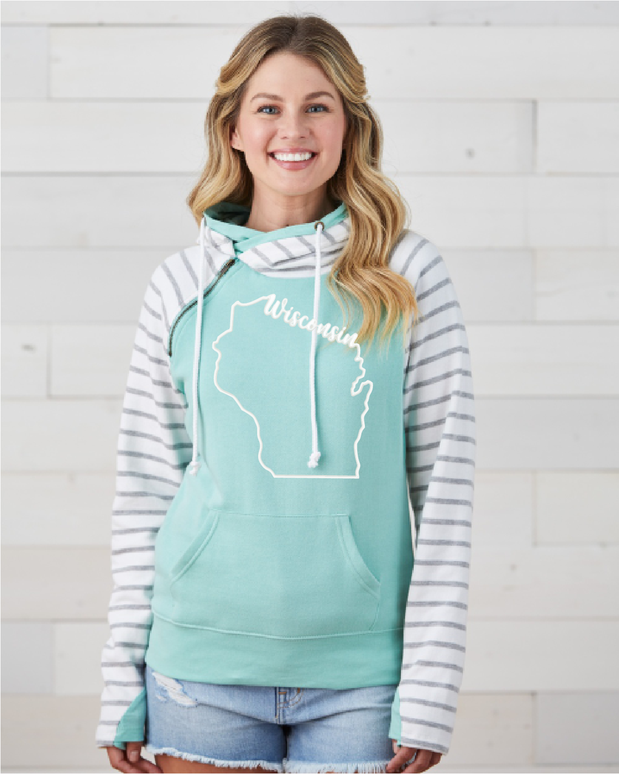 Mint Enza Stripe Double Hoodie in Wisconsin Designs